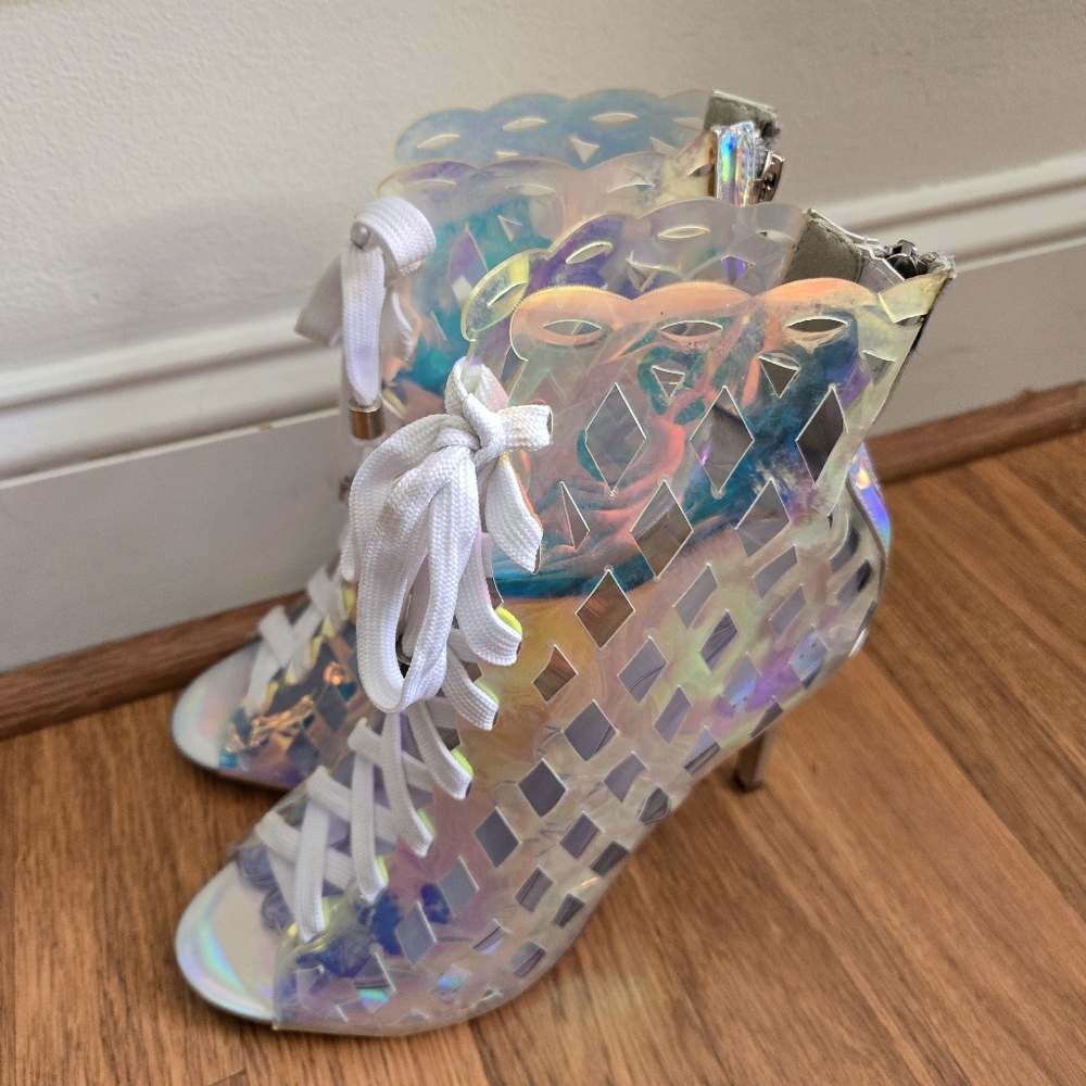 Cape Robbin clear iridescent lace-up booties ankle boots high heels 7.5 stiletto - Picture 4 of 10
